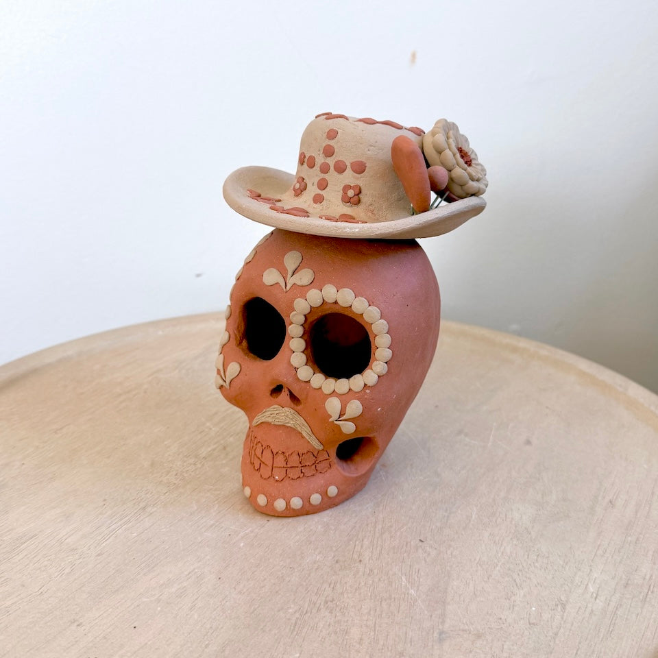 Large Red Catrin Clay Skull With Sombrero