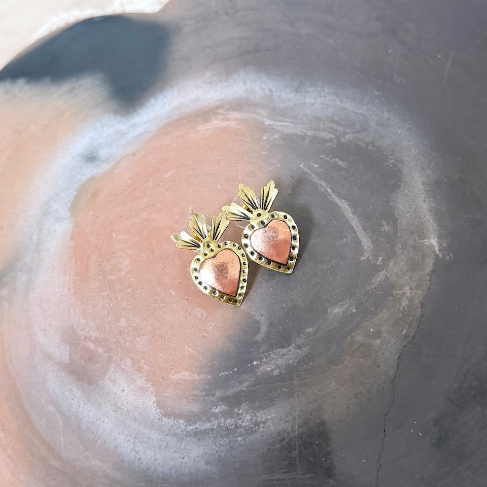 Small Two Tone Sacred Heart Brass Stud Earrings