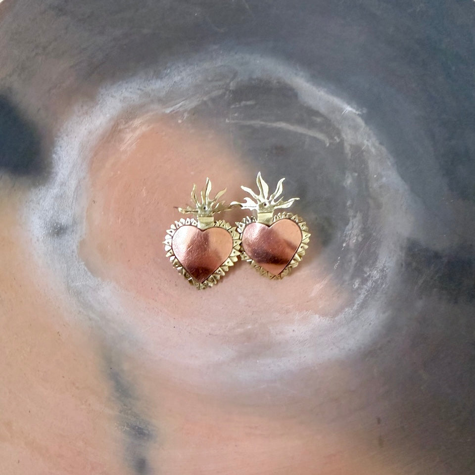 Medium Two Tone Sacred Heart Brass Stud Earrings