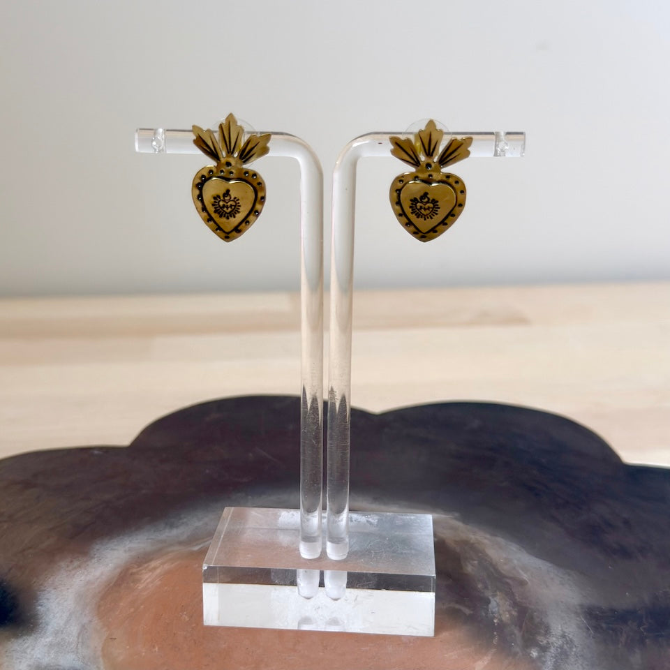 Small Sacred Heart Brass Stud Earrings