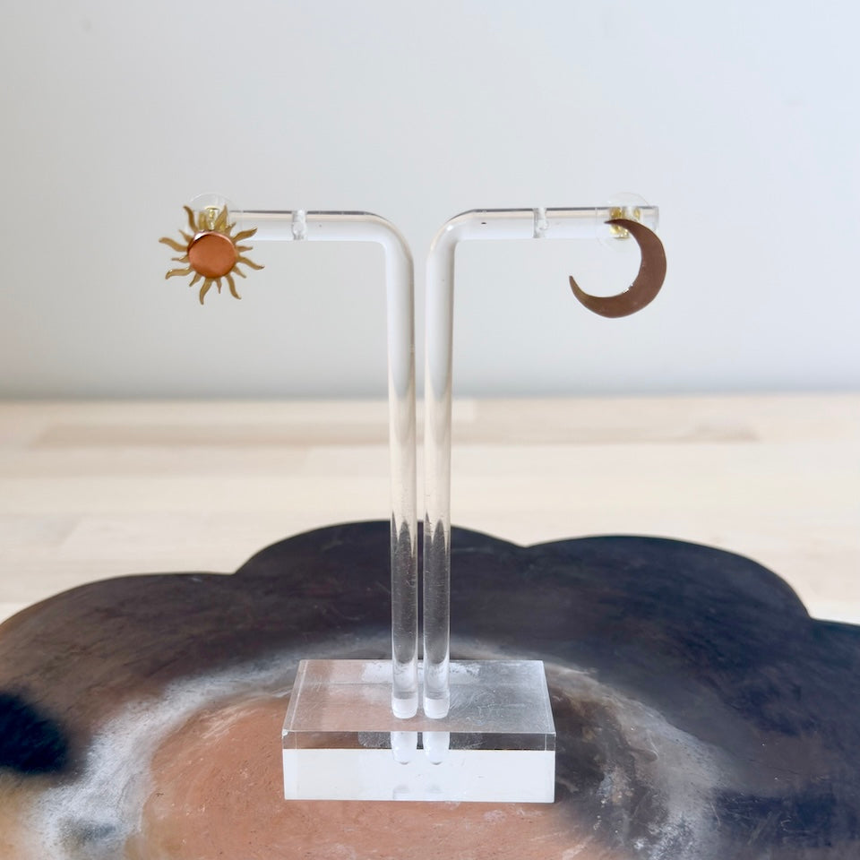 Sun and Moon Brass Stud Earrings