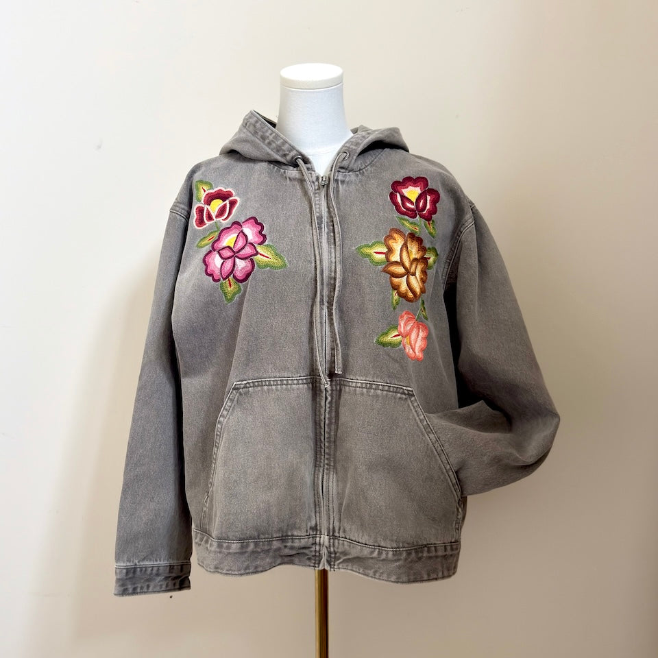 Gray Hooded Jacket with Istmeño Flower Embroidery
