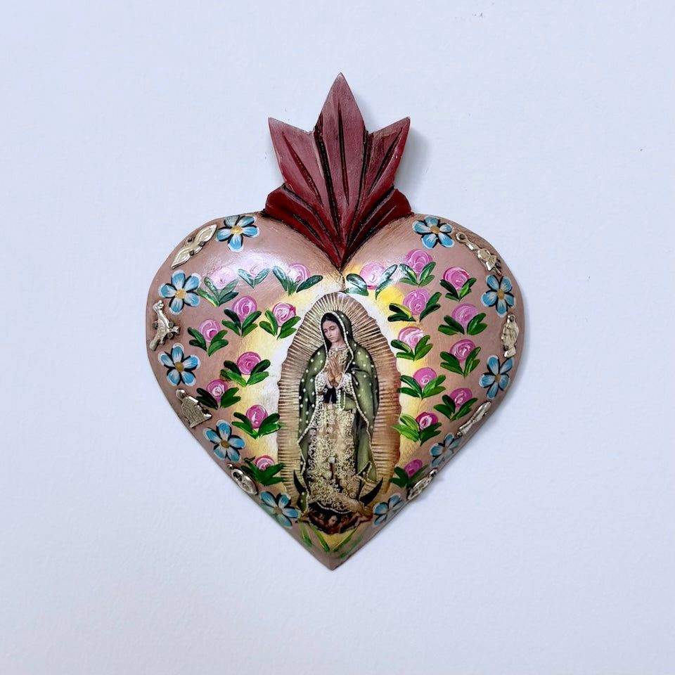 Large Antique Style Virgencita Handpainted Heart