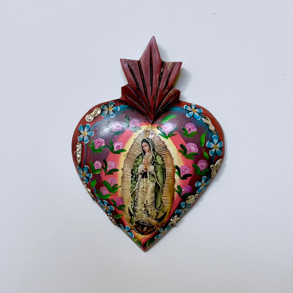 Large Antique Style Virgencita Handpainted Heart