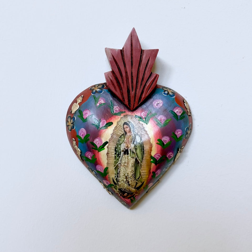 Large Antique Style Virgencita Handpainted Heart