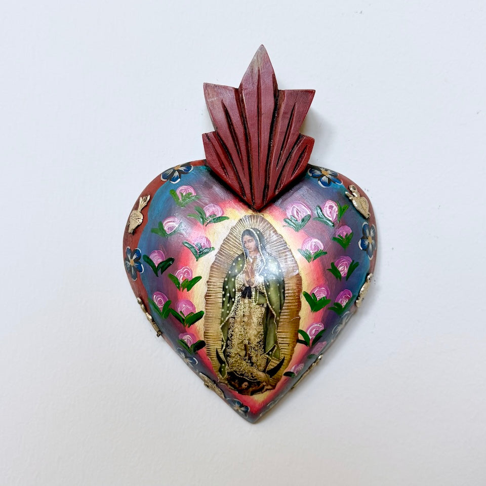Large Antique Style Virgencita Handpainted Heart