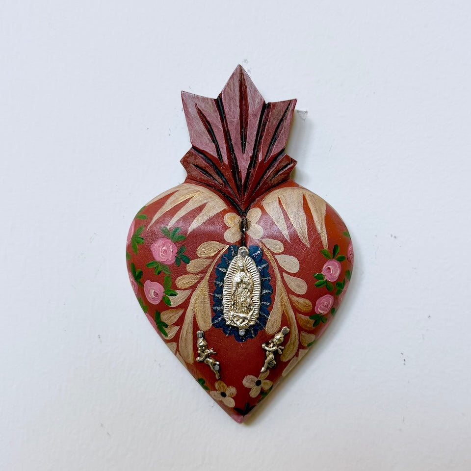 Antique Style Virgencita Handpainted Heart