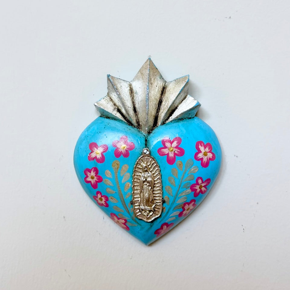 Small Simple Virgencita Heart with Flowers - Silver