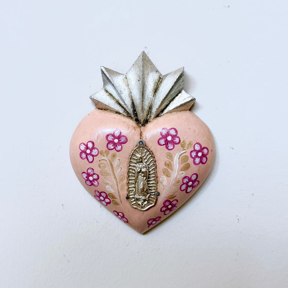 Small Simple Virgencita Heart with Flowers - Silver