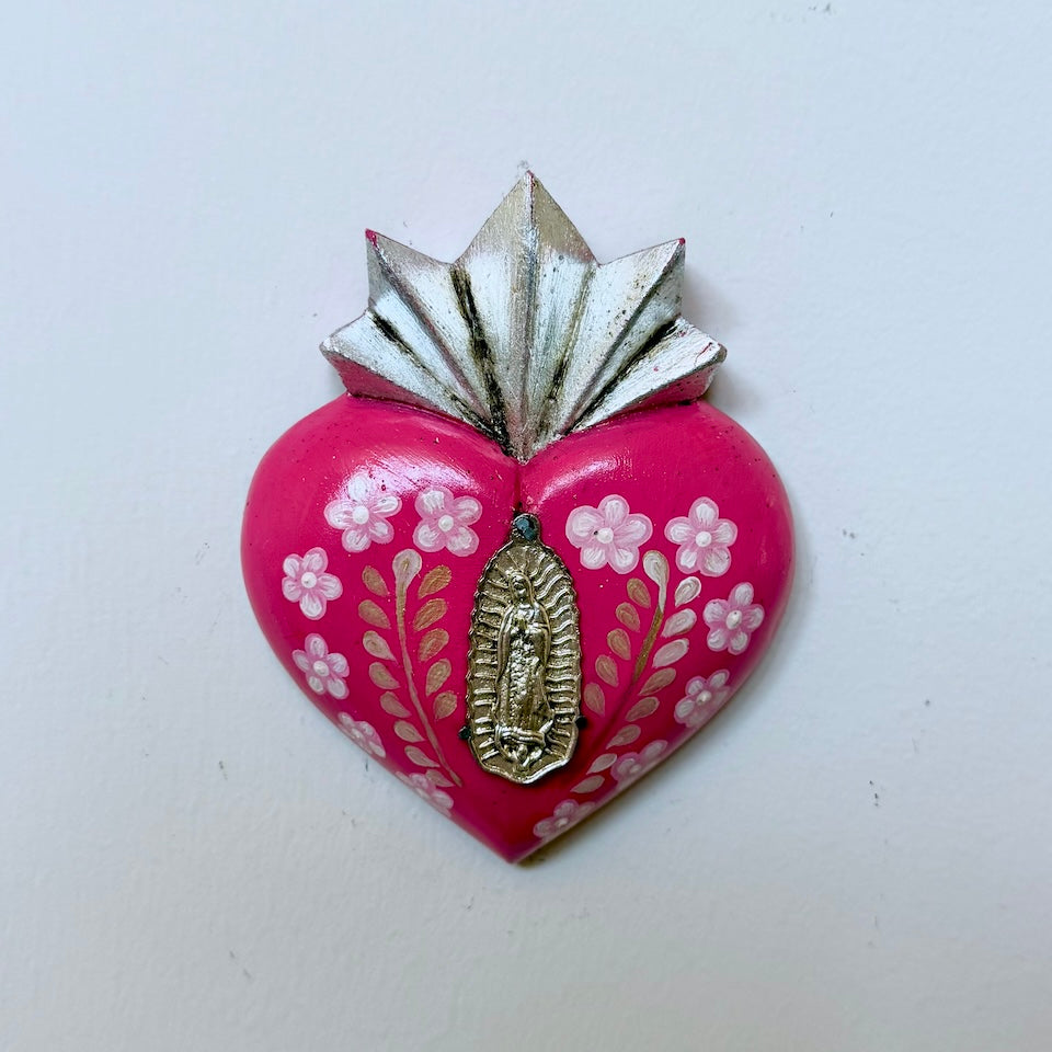 Small Simple Virgencita Heart with Flowers - Silver