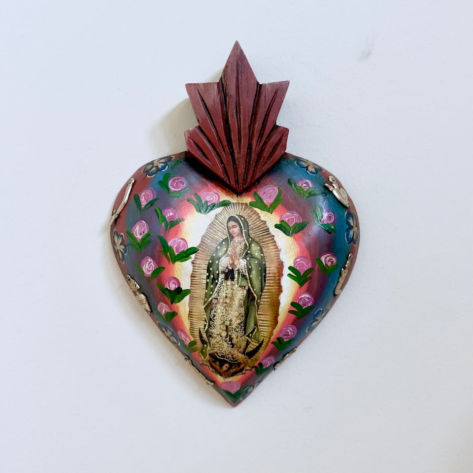 Large Antique Style Virgencita Handpainted Heart