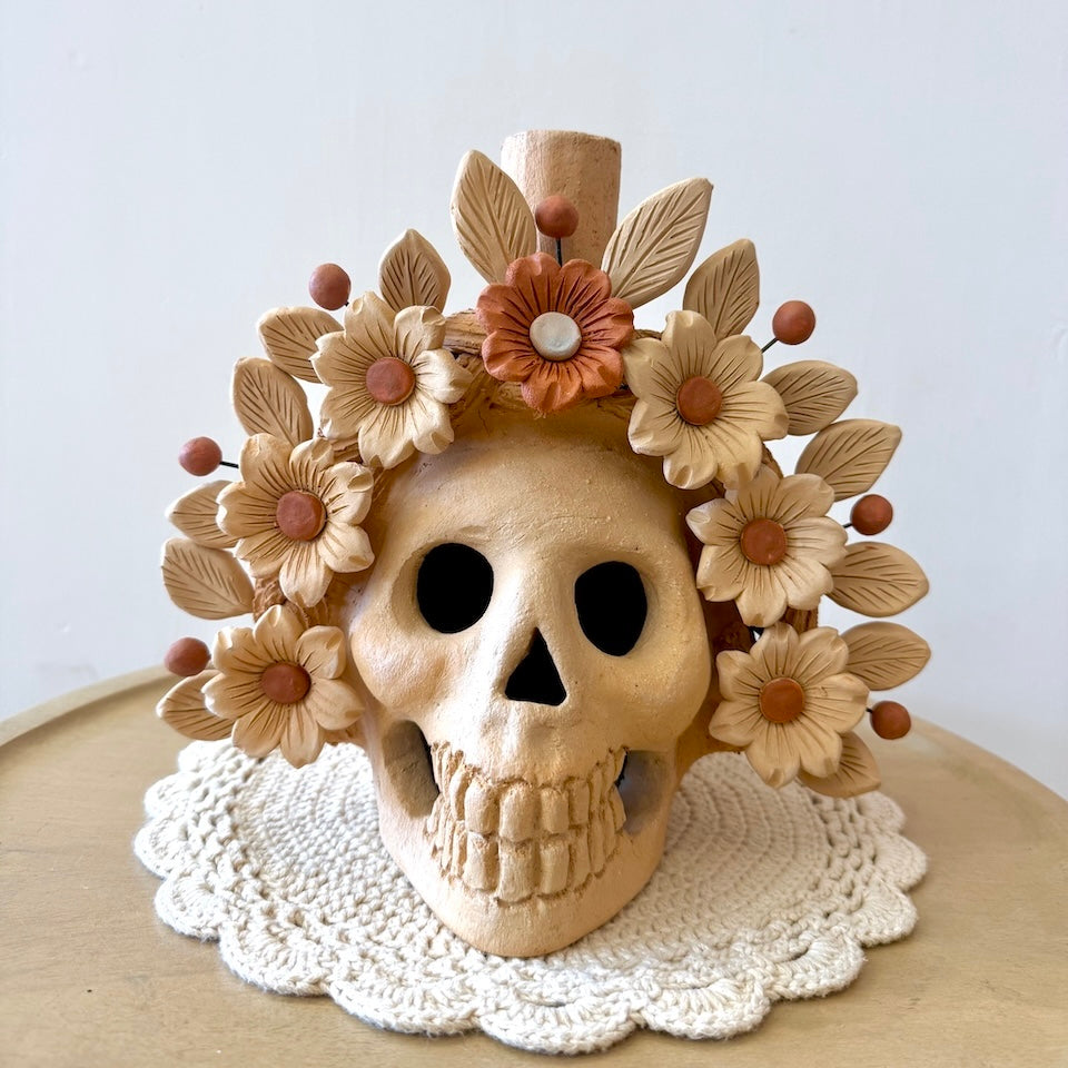 Large Natural Catrina Candle Holder Skulls with Trenza Flowers