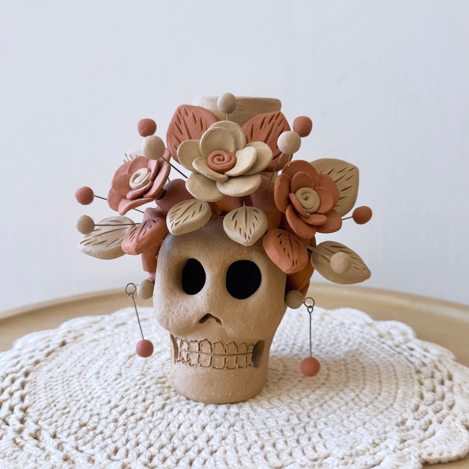 Natural Clay Catrina Candle Holder Skulls with Earrings