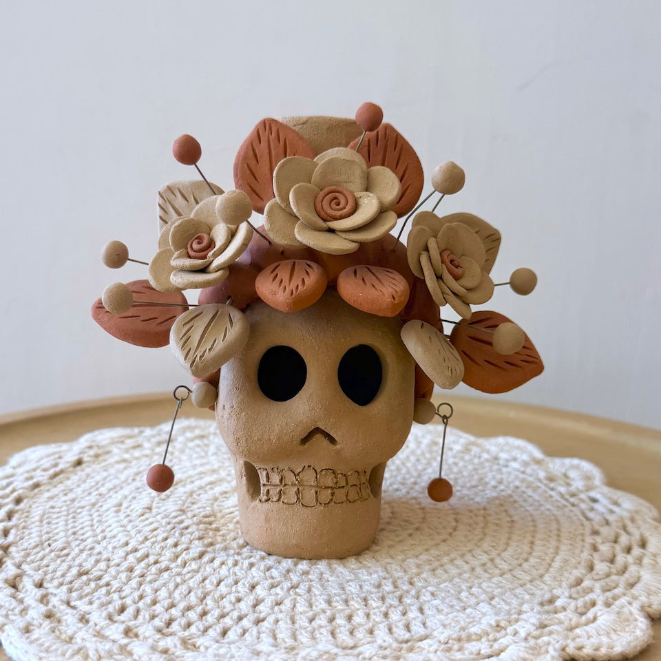 Natural Clay Catrina Candle Holder Skulls with Earrings