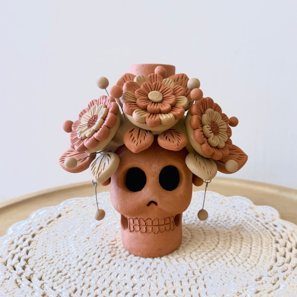 Red Clay Catrina Candle Holder Skulls with Earrings