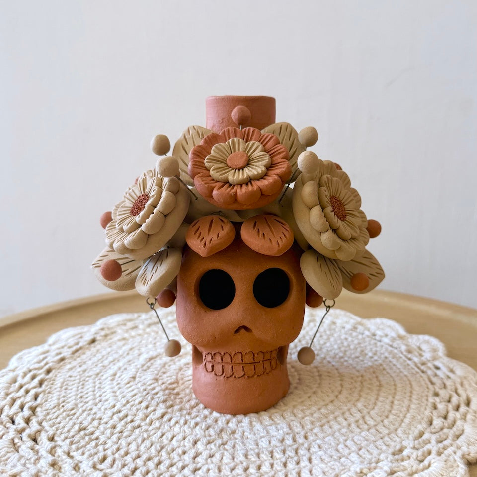 Red Clay Catrina Candle Holder Skulls with Earrings