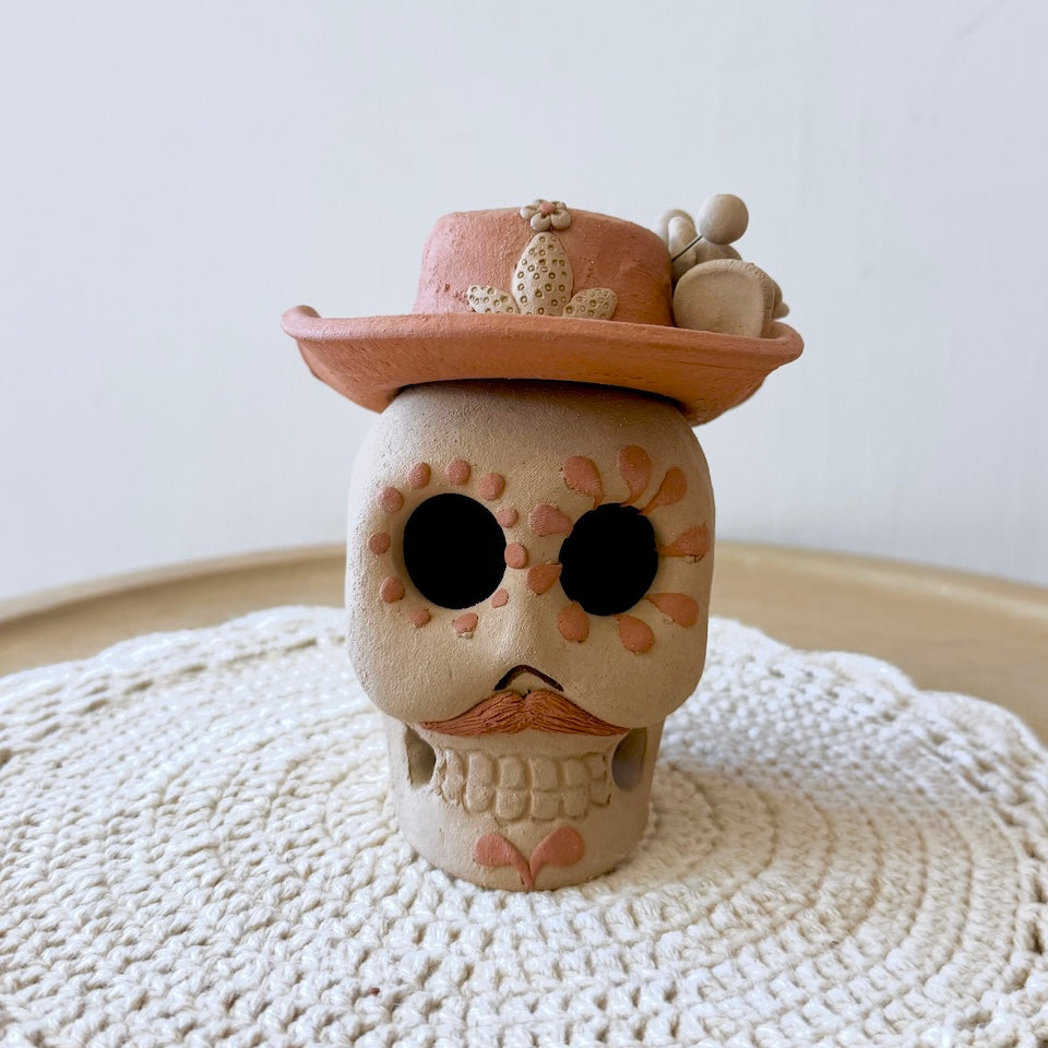 Natural Catrin Clay Skulls With Sombrero