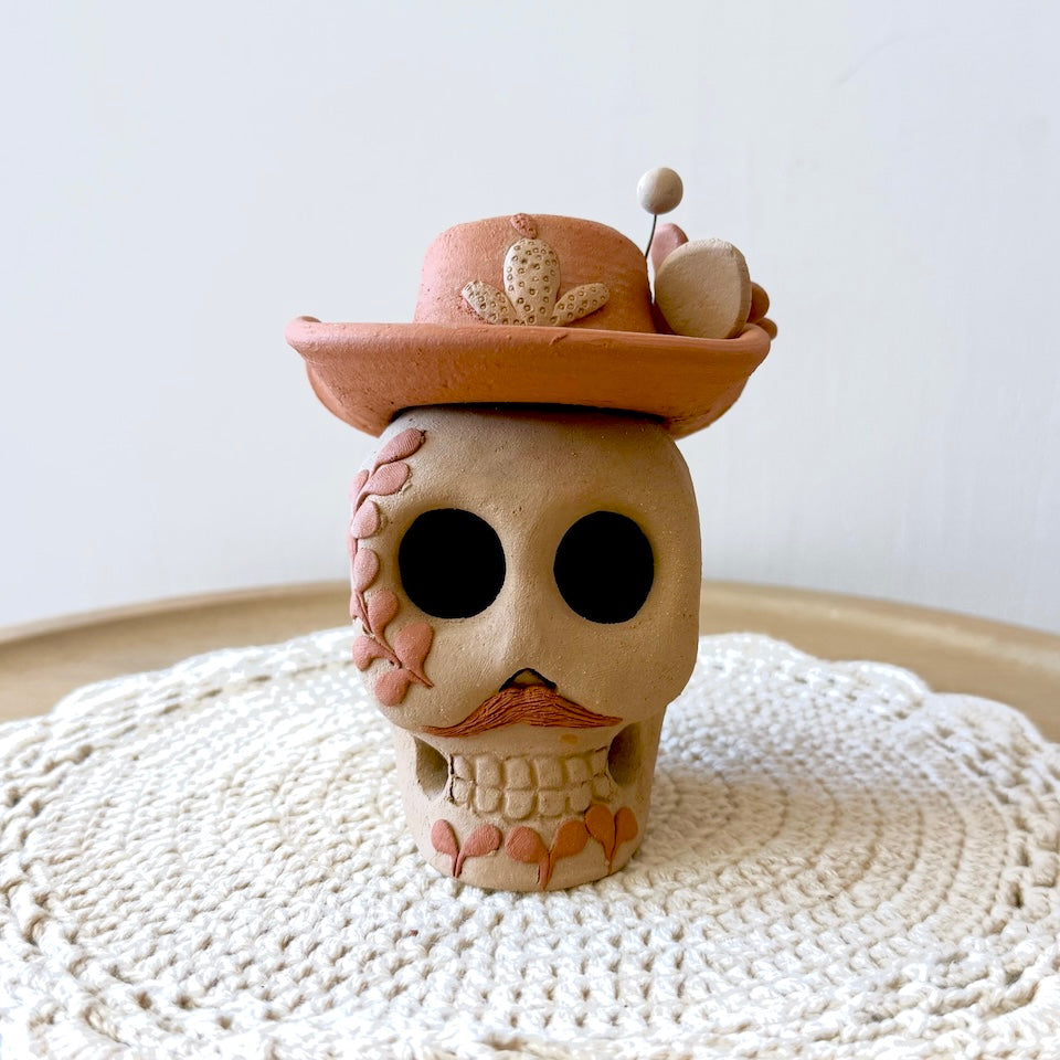 Natural Catrin Clay Skulls With Sombrero