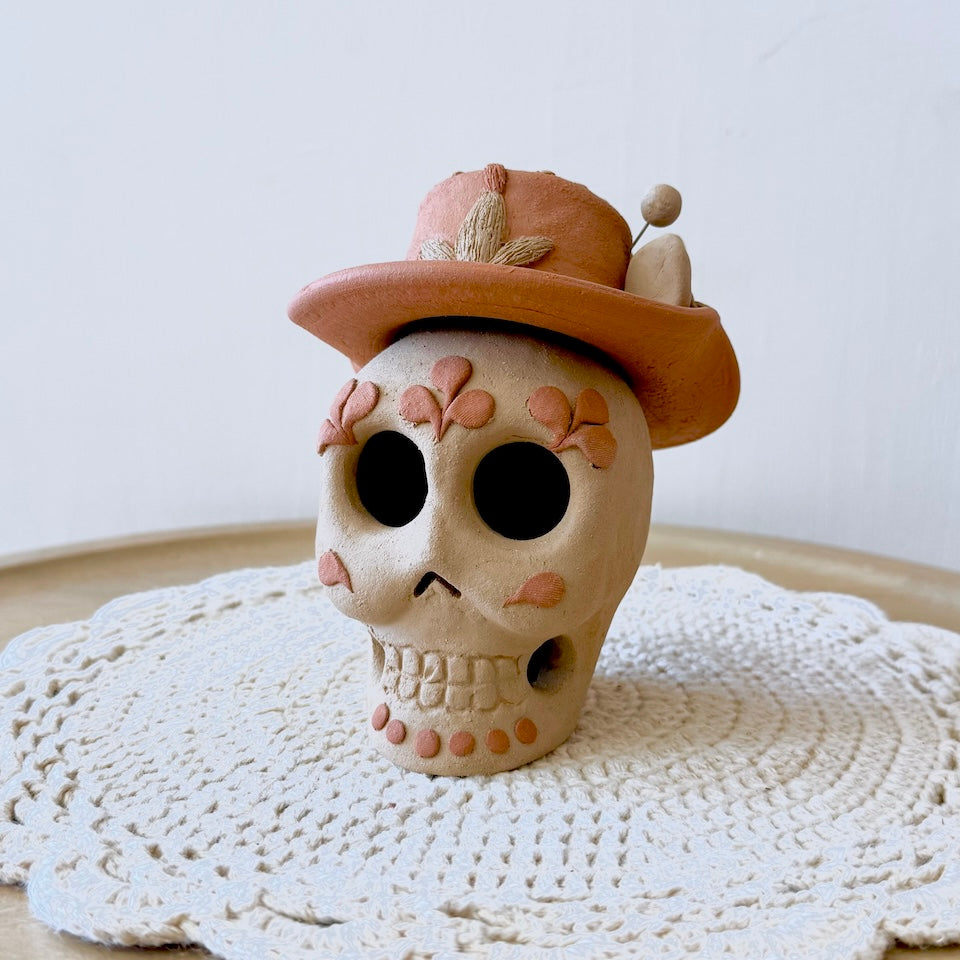 Natural Catrin Clay Skulls With Sombrero