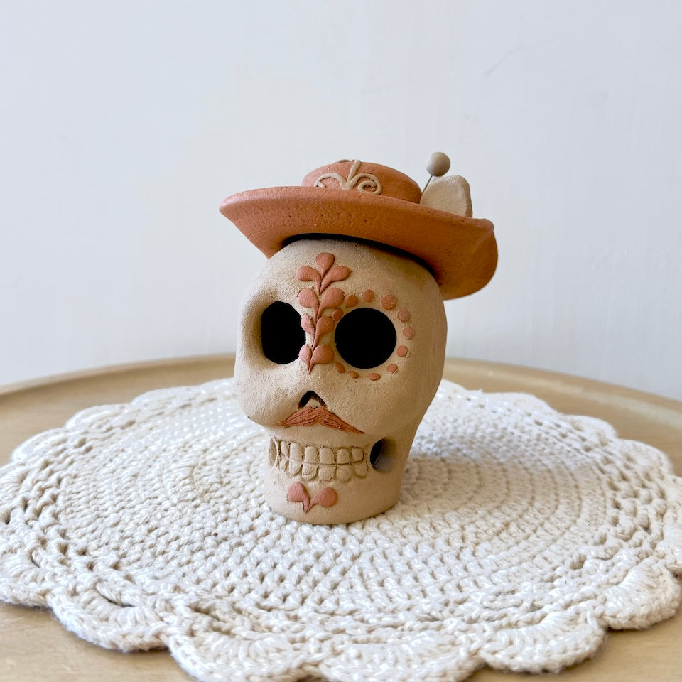 Natural Catrin Clay Skulls With Sombrero