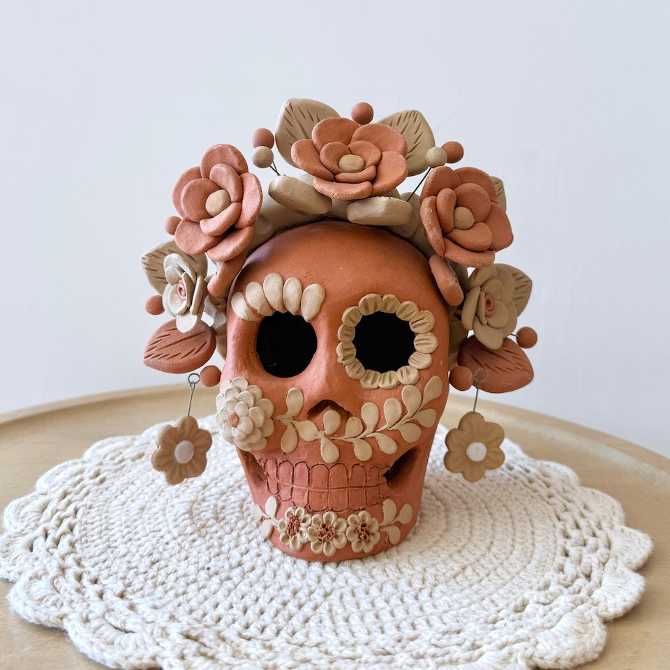 Large Red Catrina Clay Skull With Flower Braids