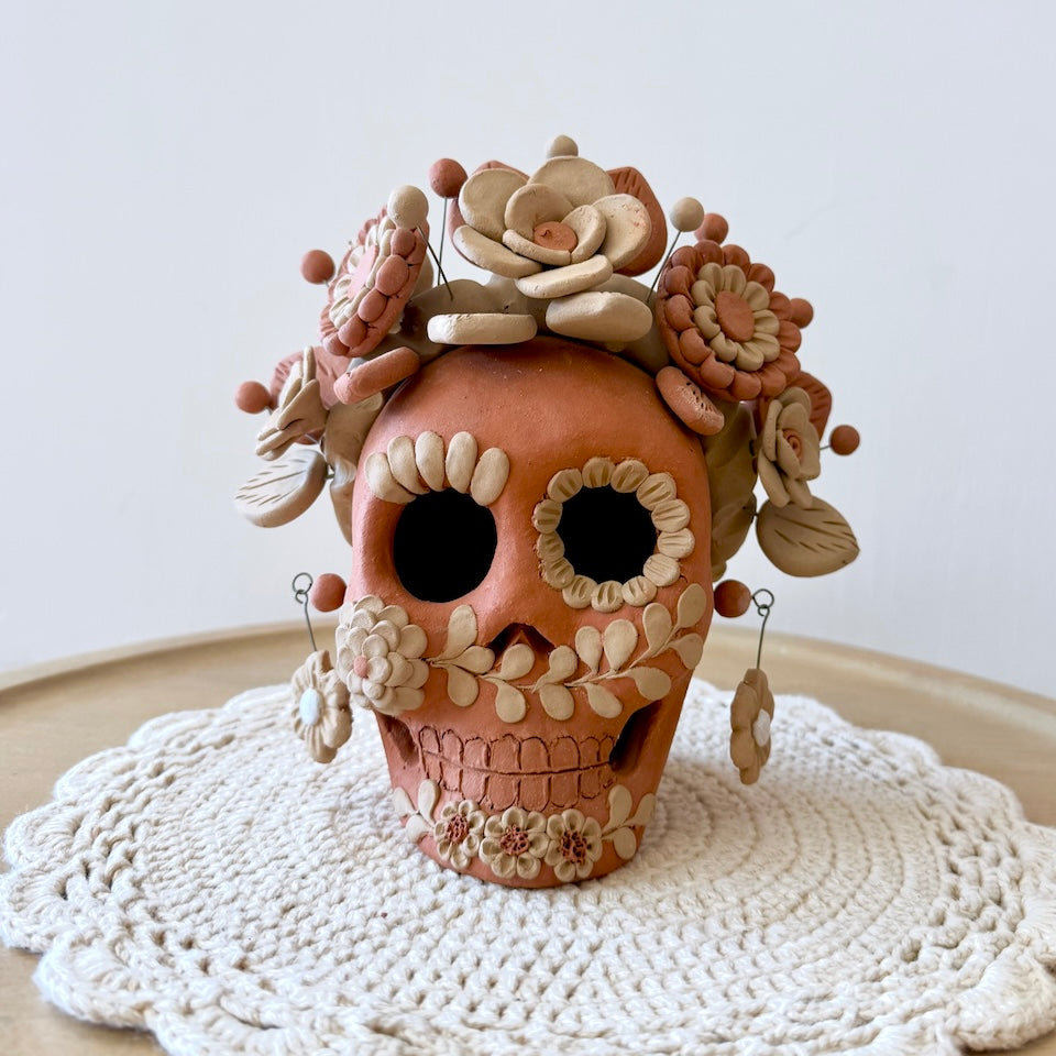 Large Red Catrina Clay Skull With Flower Braids