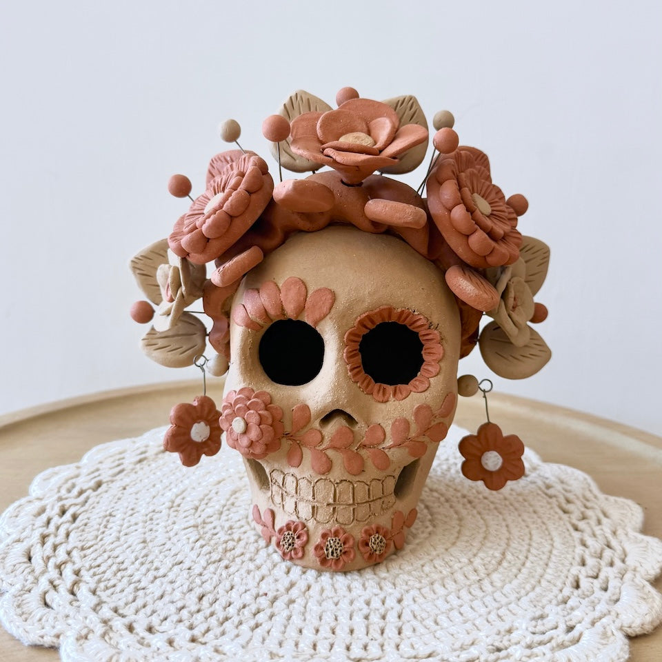 Large Natural Catrina Clay Skull With Flower Braids