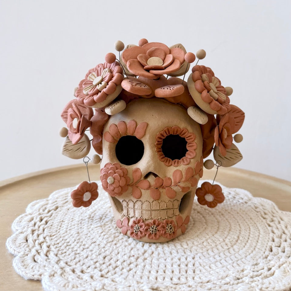 Large Natural Catrina Clay Skull With Flower Braids