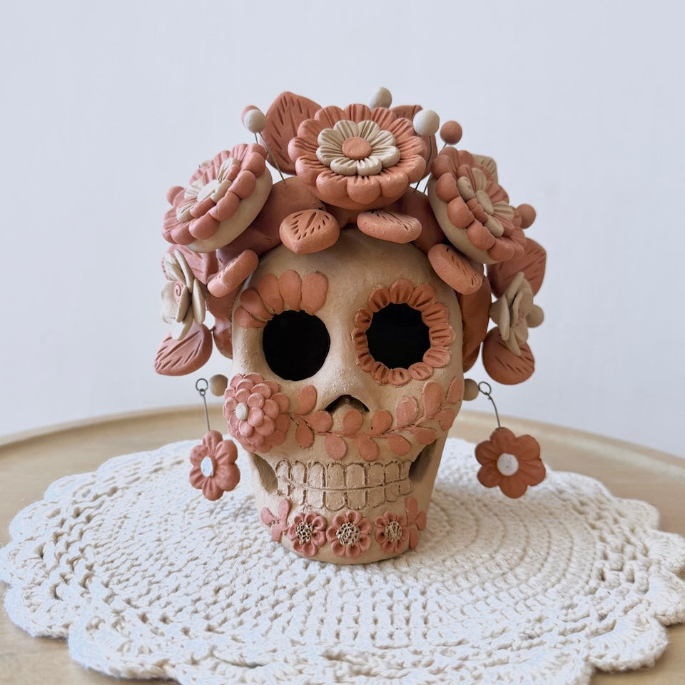 Large Natural Catrina Clay Skull With Flower Braids