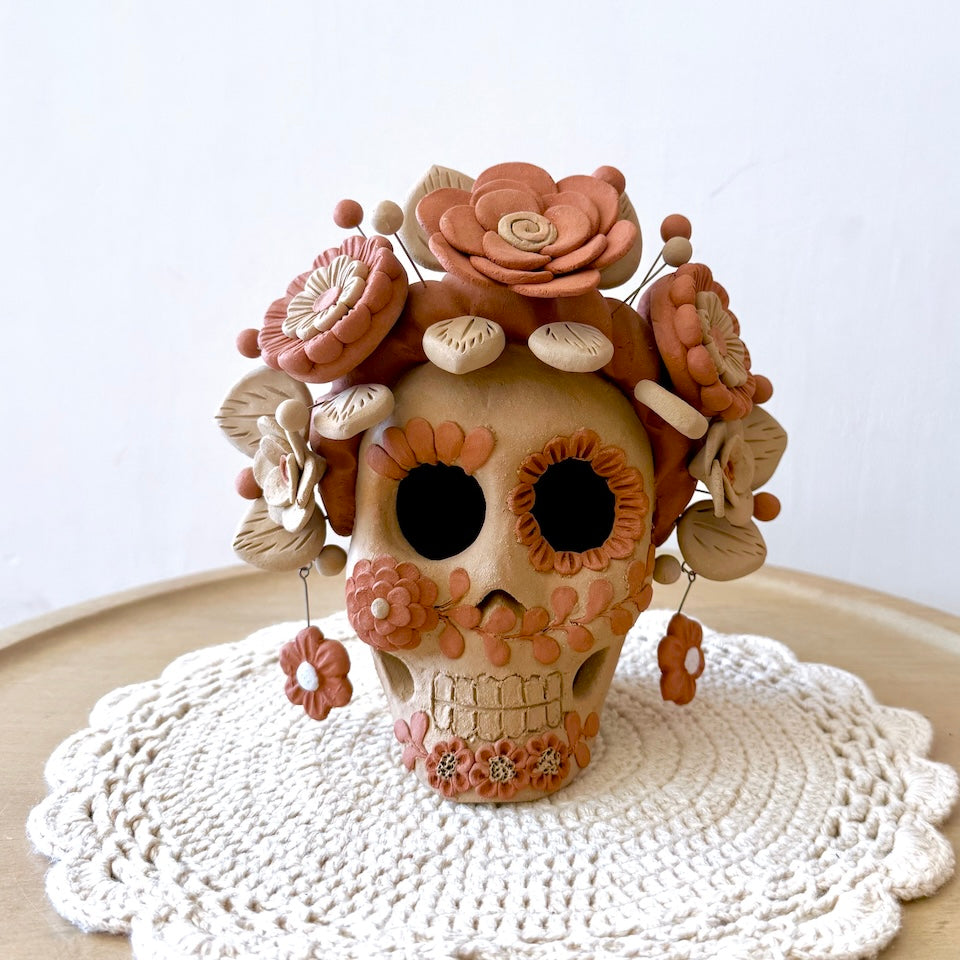 Large Natural Catrina Clay Skull With Flower Braids