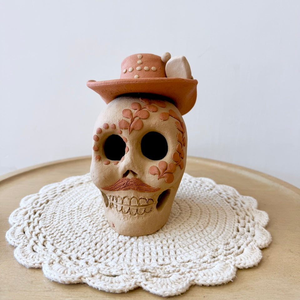 Large Natural Catrin Clay Skull With Sombrero