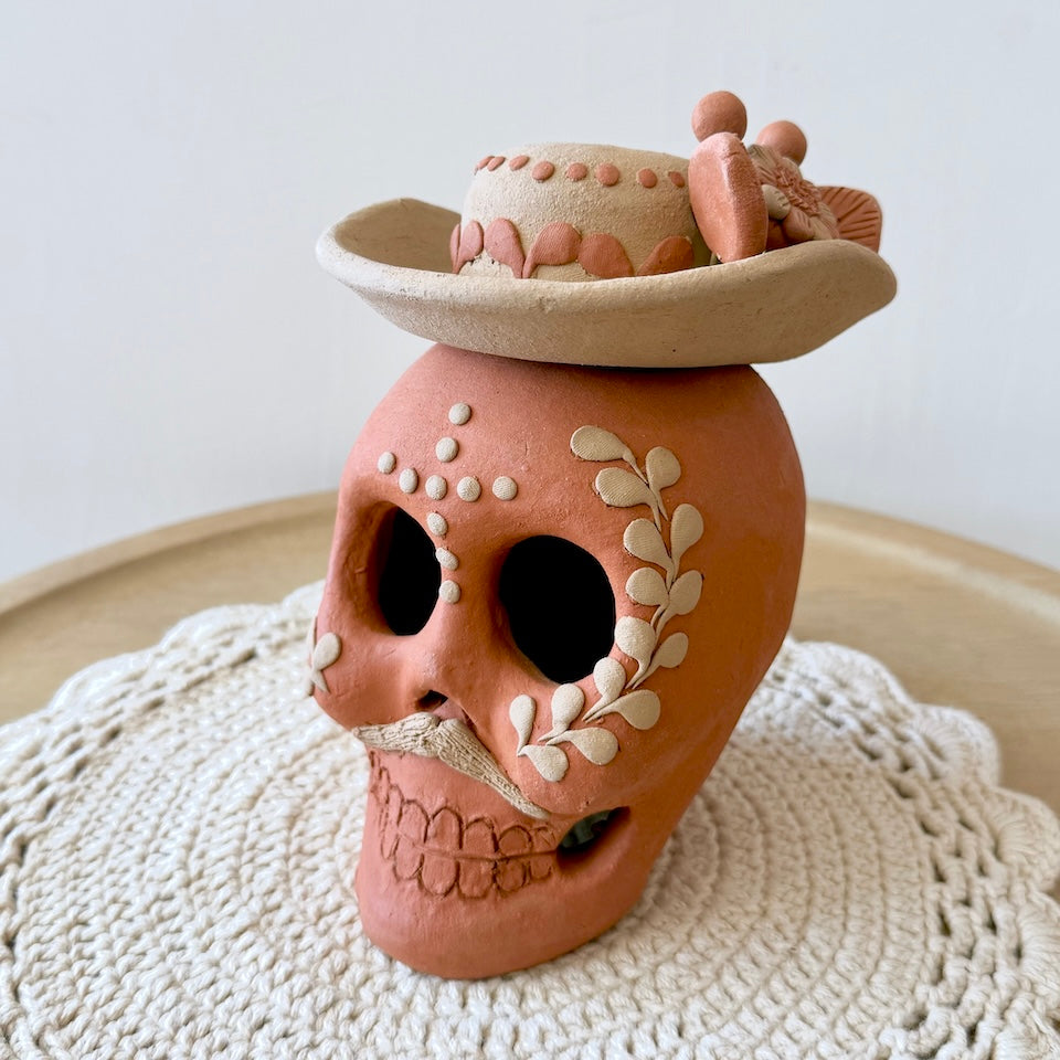 Large Red Catrin Clay Skull With Sombrero