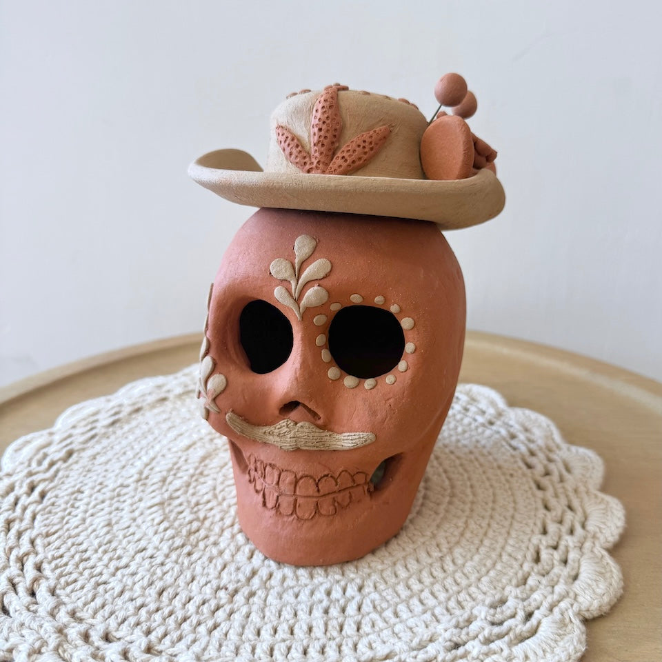 Large Red Catrin Clay Skull With Sombrero
