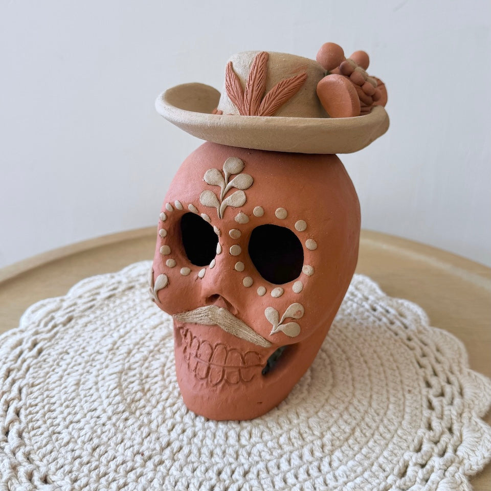 Large Red Catrin Clay Skull With Sombrero