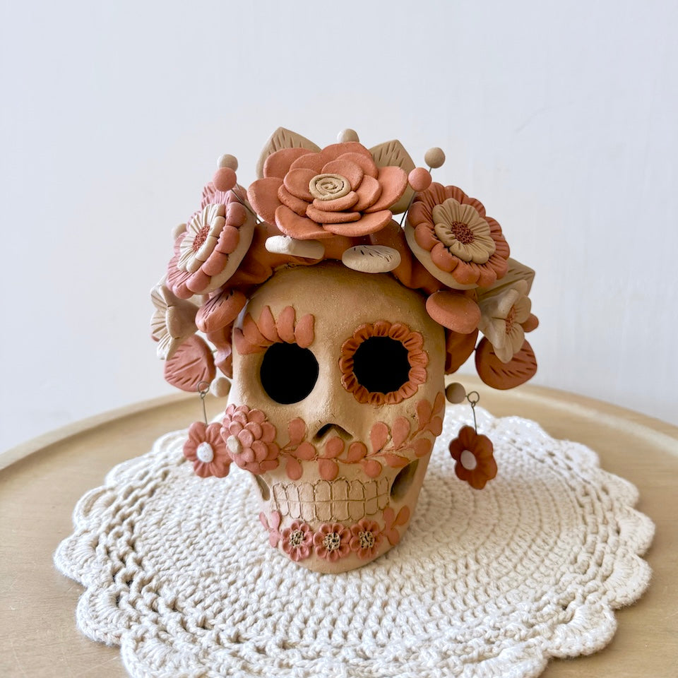 Large Natural Catrina Clay Skull With Flower Braids