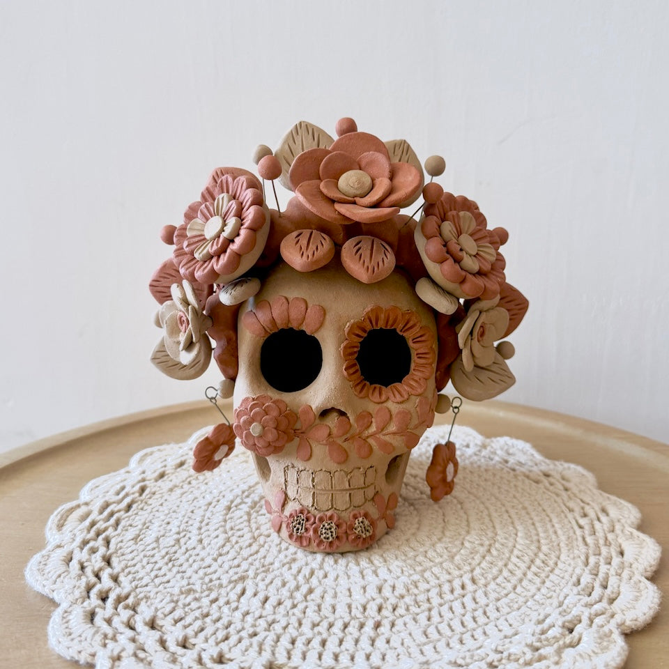 Large Natural Catrina Clay Skull With Flower Braids