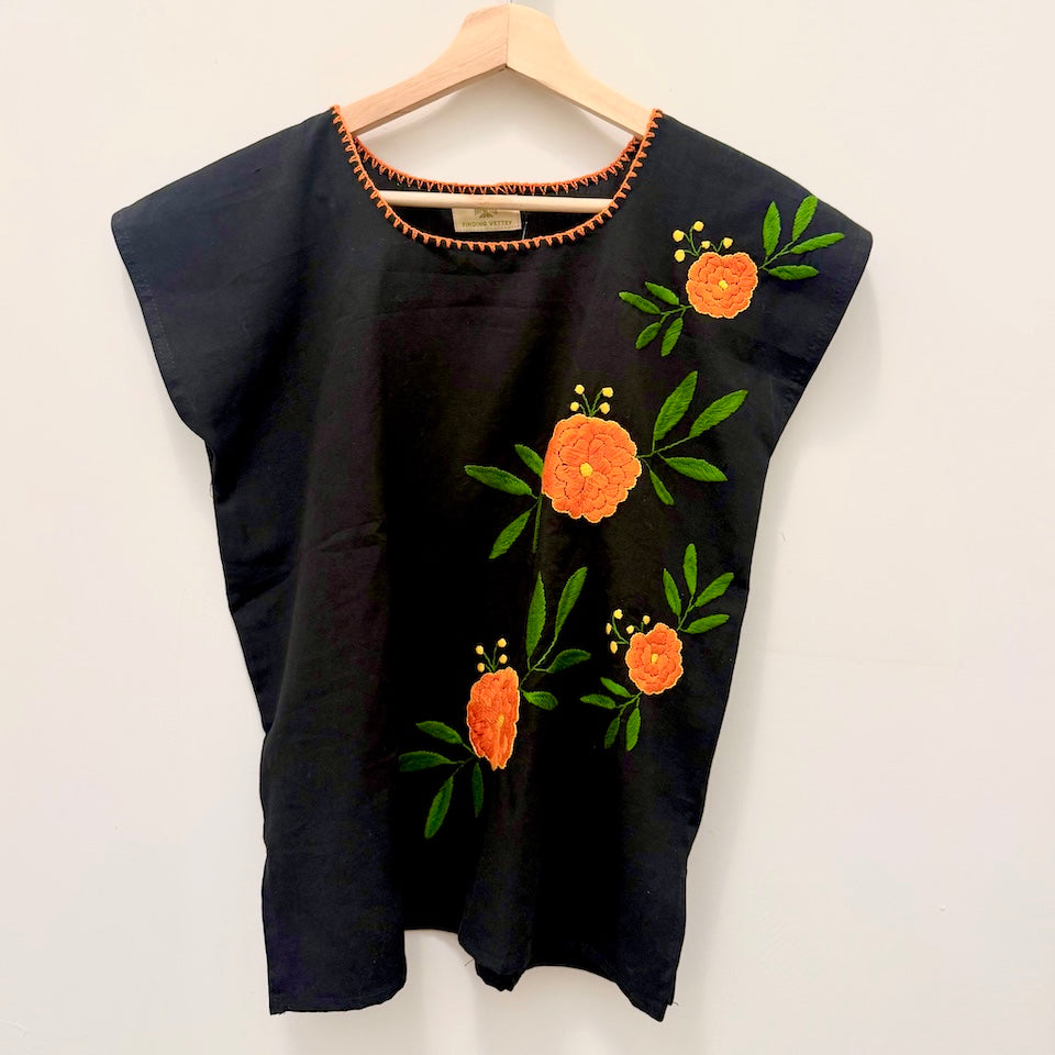 Hand-Embroidered Cempasúchil Huipil