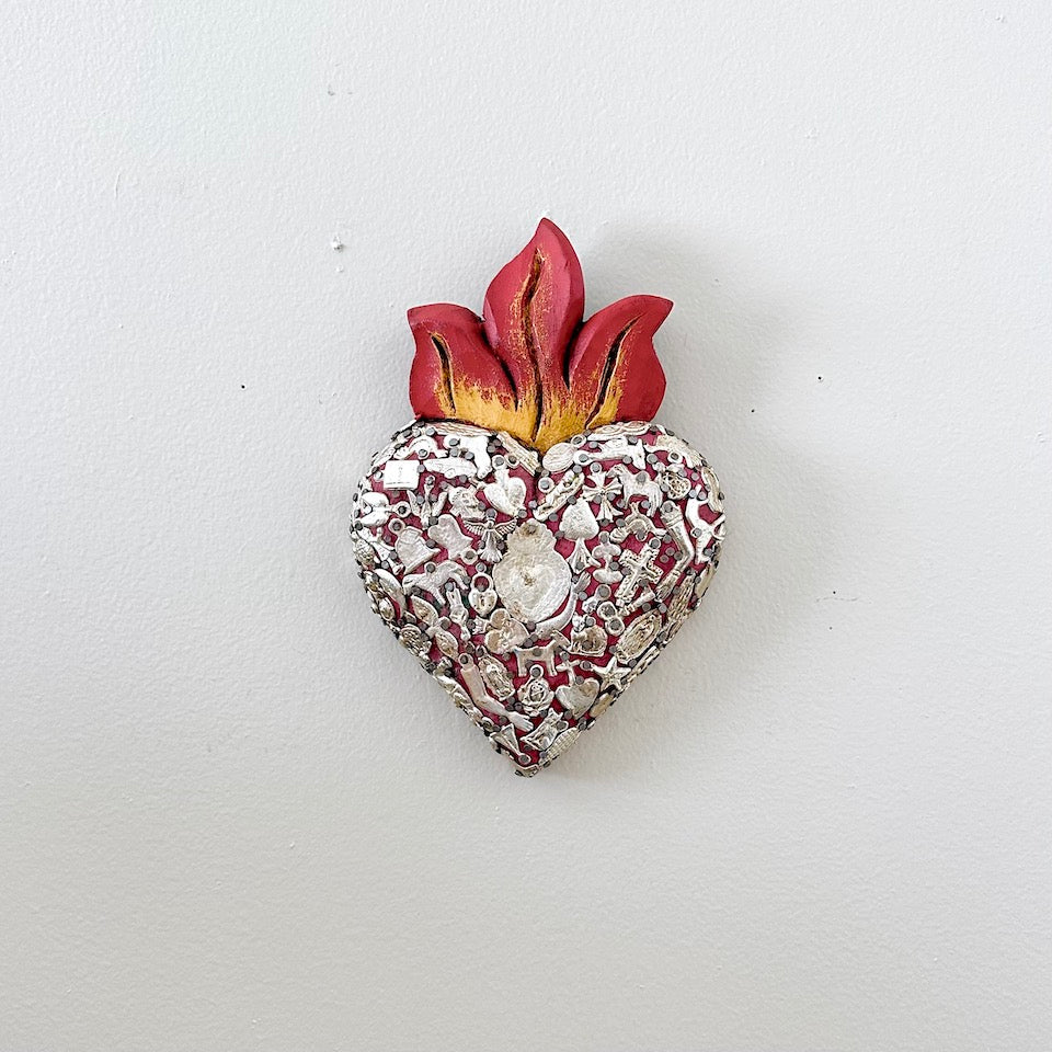 Large Milagro Sacred Heart with Flames
