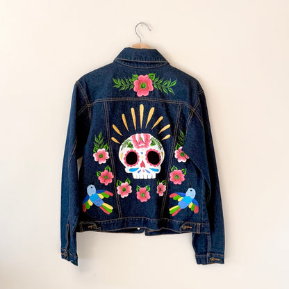 Medium Dark Denim Calavera Hummingbird &amp; Flowers Embroidered Jacket