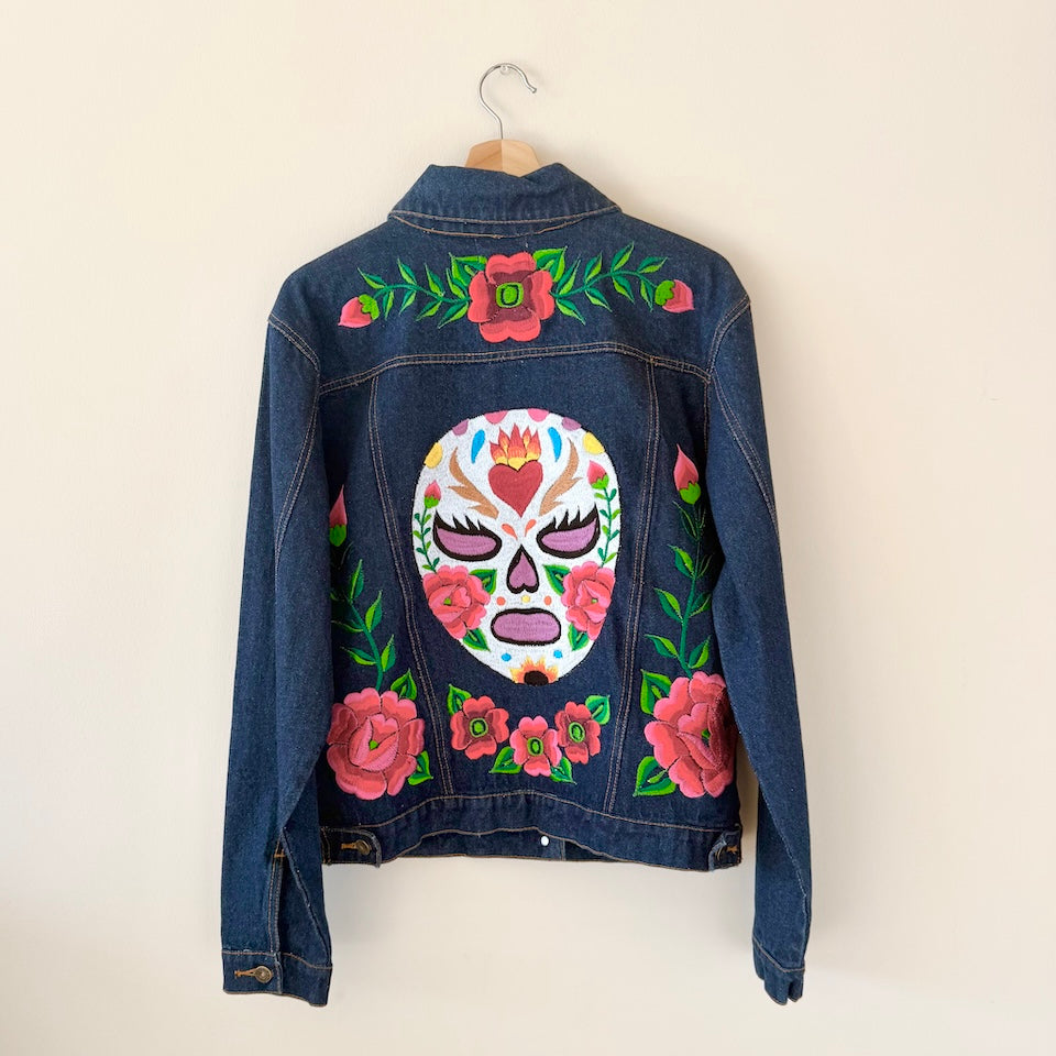 Large Dark Denim Lucha Libre Embroidered Jacket