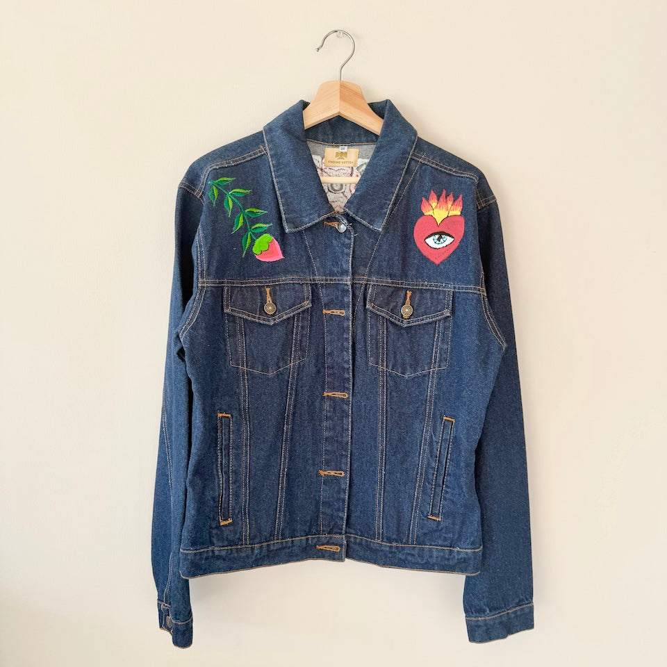 Large Dark Denim Lucha Libre Embroidered Jacket
