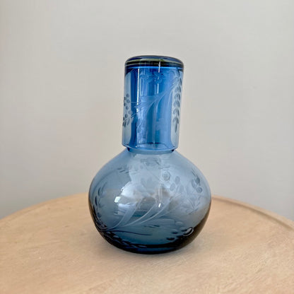 Blue Etched Floral Glass Jug