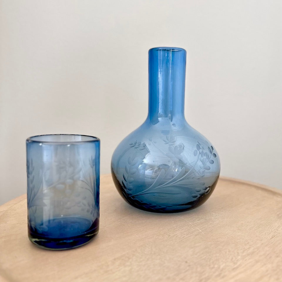 Blue Etched Floral Glass Jug
