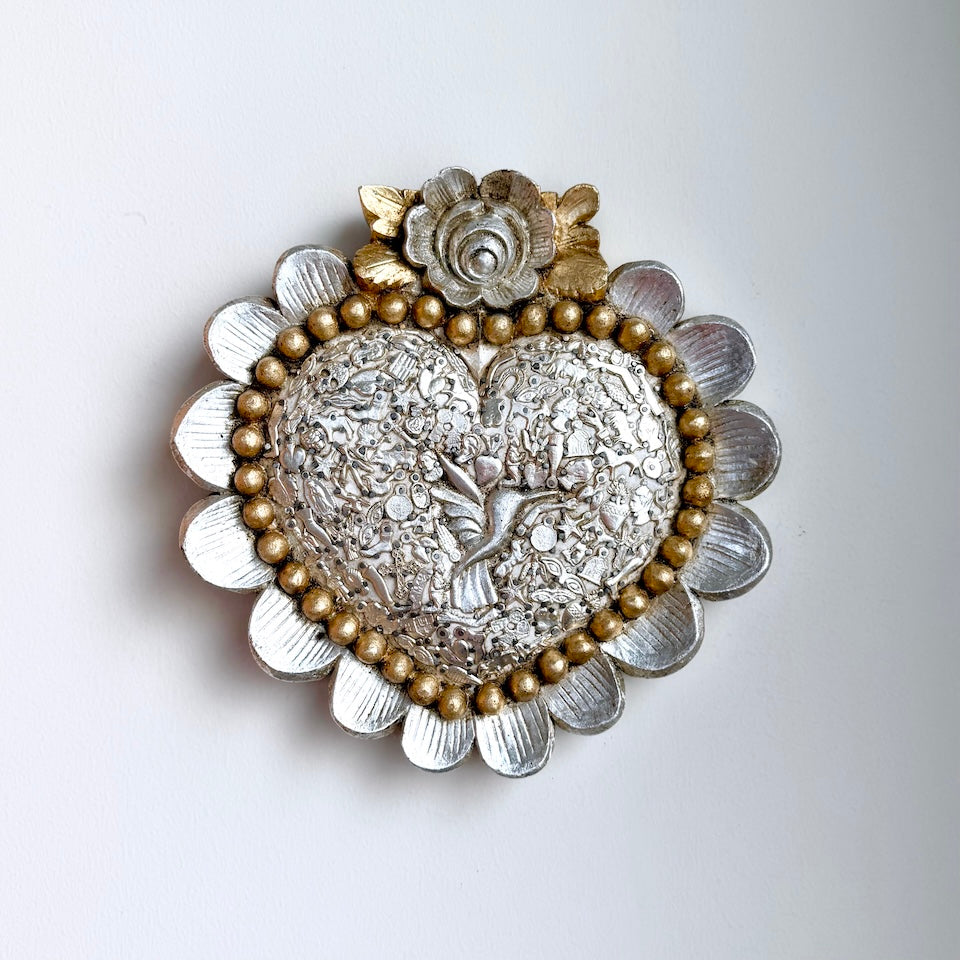 Extra Large Silver Milagro Heart with Hummingbird