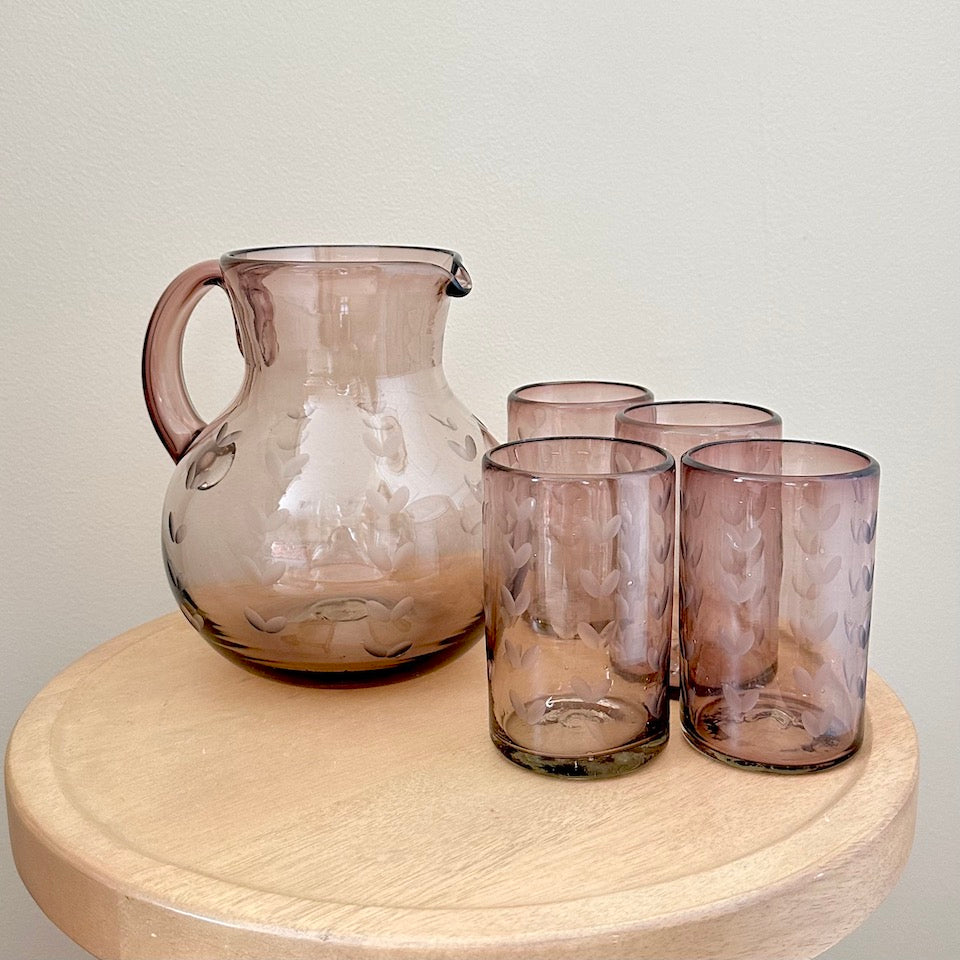 Round Amethyst Etched Glass Pitcher Set