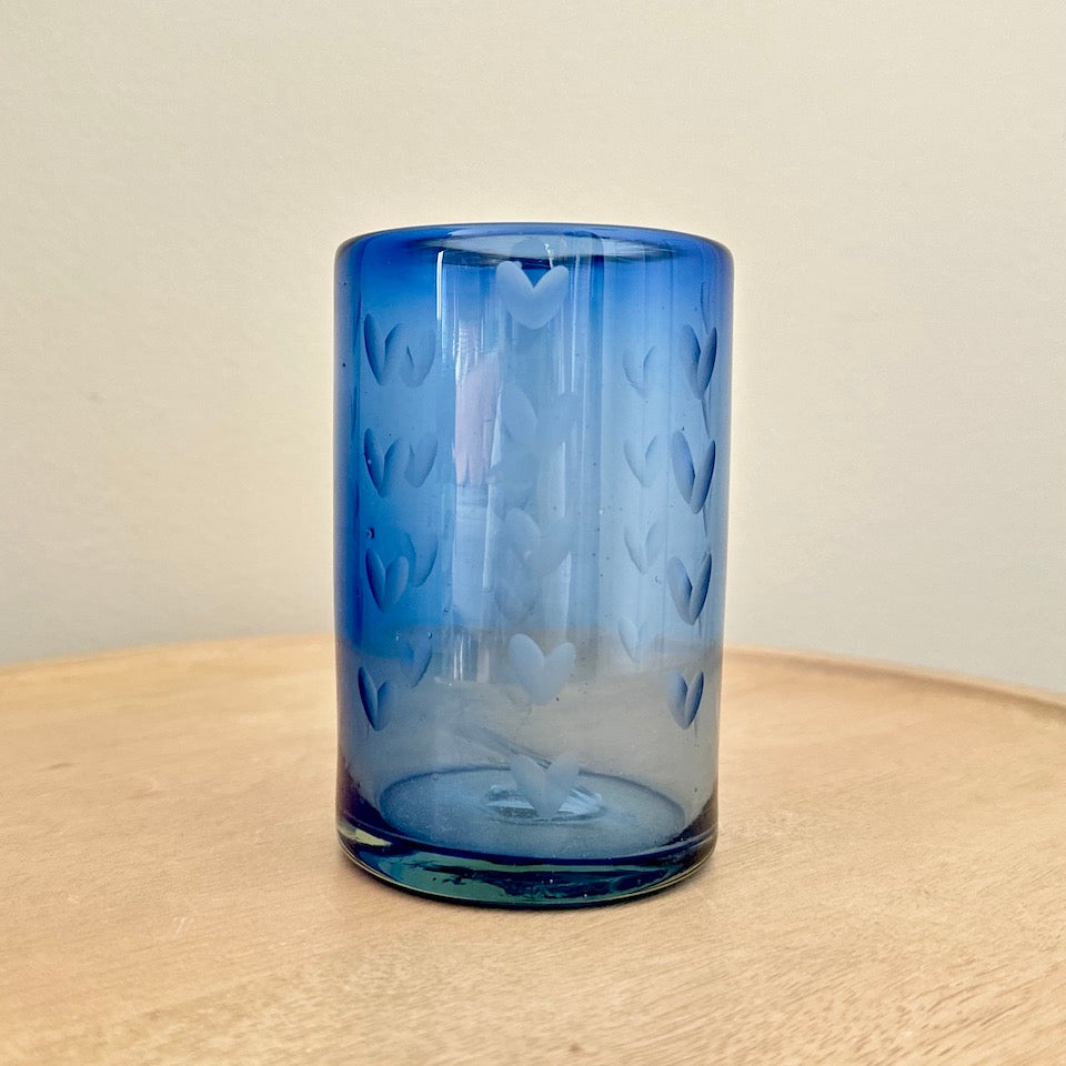 Blue Etched Hearts Glass Cup