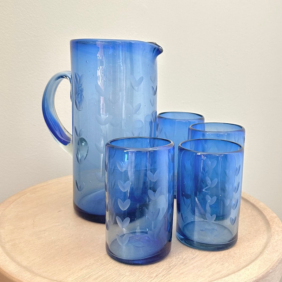 Blue Straight Etched Glass Pitcher Set