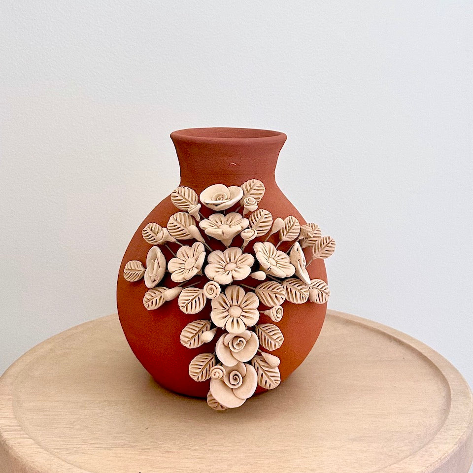 Red Oval Atzompa Floral Clay Vase