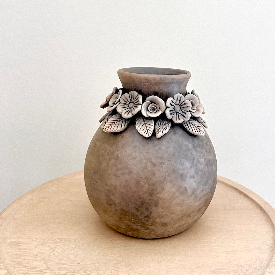Ahumado (Smoked) Oval Atzompa Floral Clay Vase