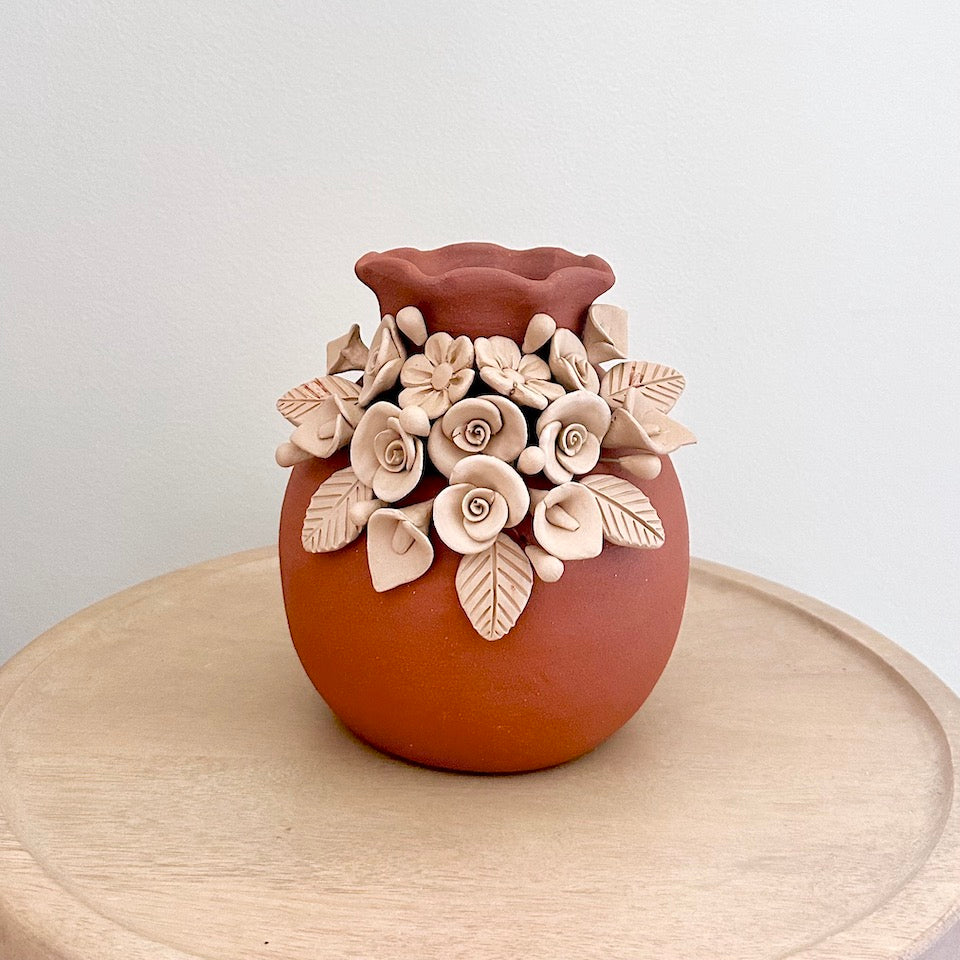 Red Oval Atzompa Floral Clay Vase